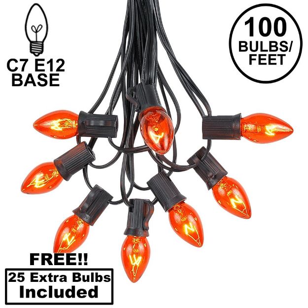 100 C7 String Light Set with Orange Bulbs on Black Wire