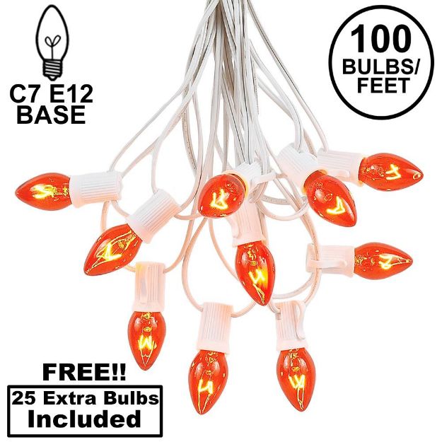 100 C7 String Light Set with Orange Bulbs on White Wire