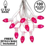100 C7 String Light Set with Pink Bulbs on White Wire