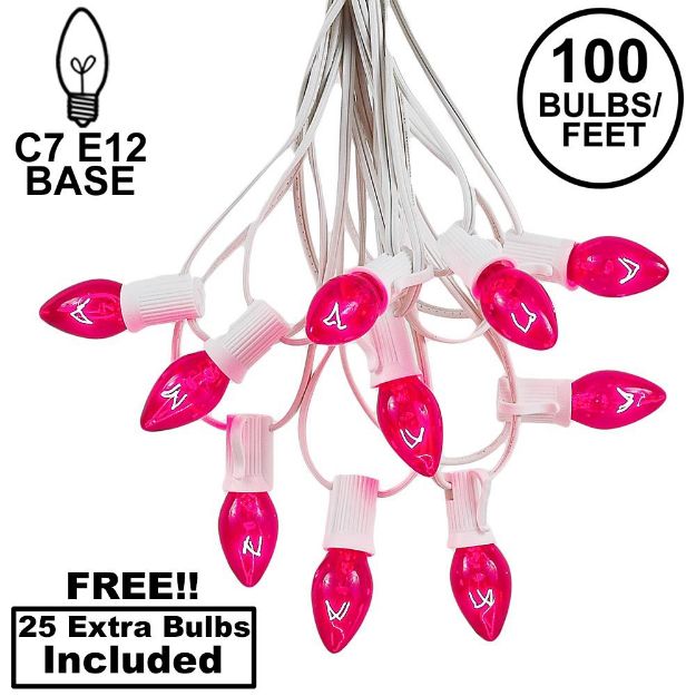 100 C7 String Light Set with Pink Bulbs on White Wire