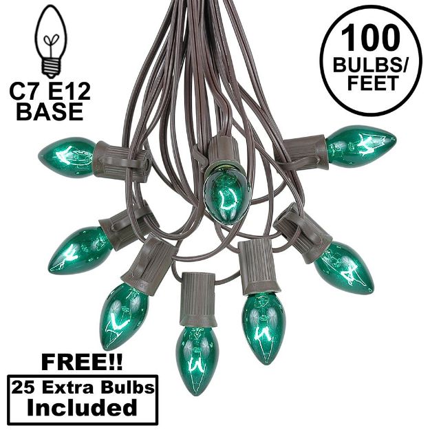 100 C7 String Light Set with Green Bulbs on Brown Wire