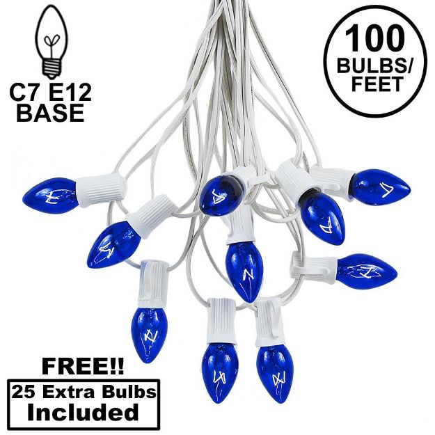 100 C7 String Light Set with Blue Bulbs on White Wire