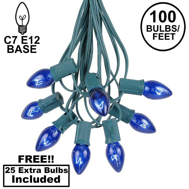 100 C7 String Light Set with Blue Bulbs on Green Wire
