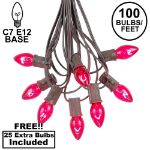 100 C7 String Light Set with Pink Bulbs on Brown Wire