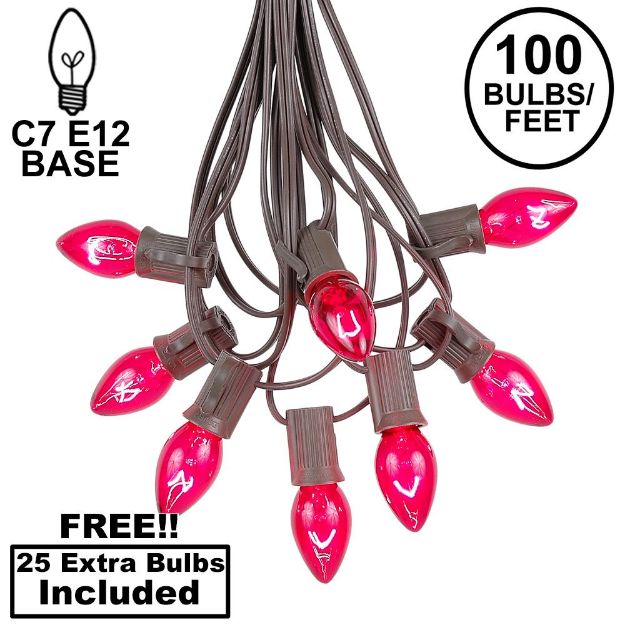 100 C7 String Light Set with Pink Bulbs on Brown Wire