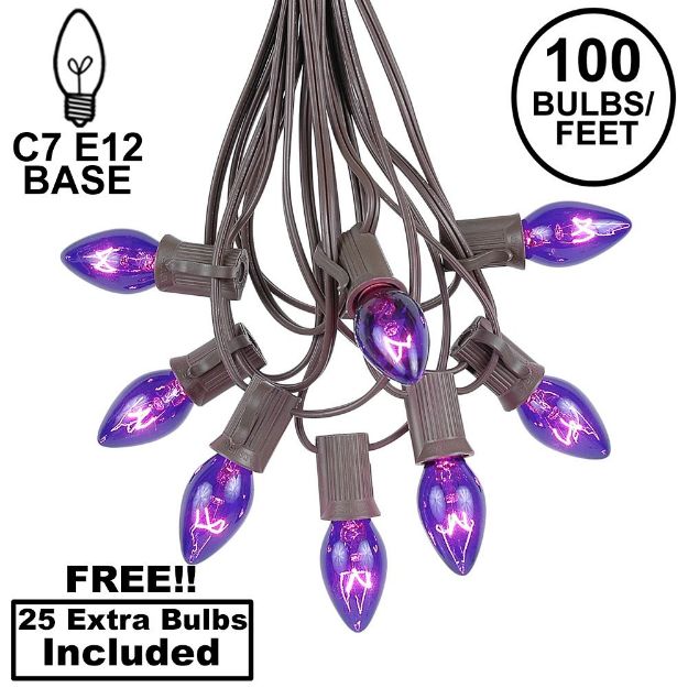 100 C7 String Light Set with Purple Bulbs on Brown Wire