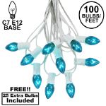 100 C7 String Light Set with Teal Bulbs on White Wire