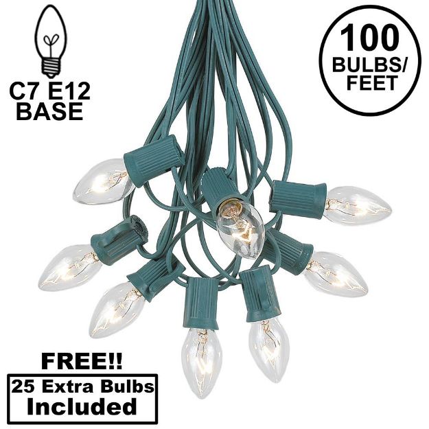 100 C7 String Light Set with Clear Bulbs on Green Wire