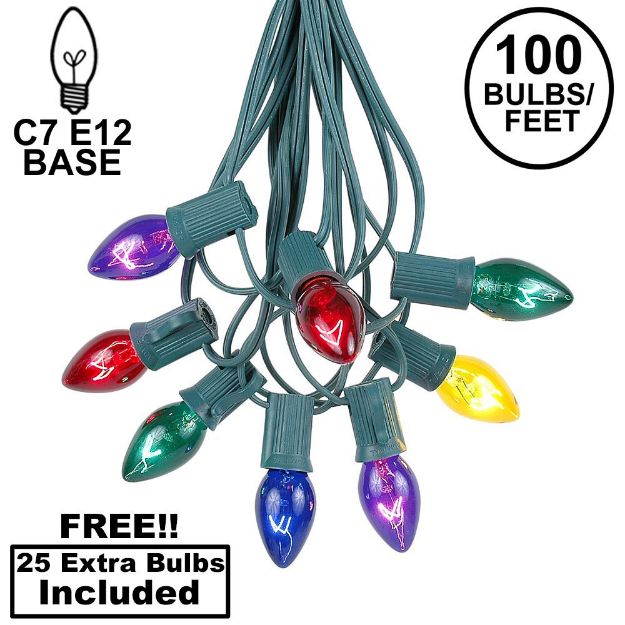 100 C7 String Light Set with Assorted Bulbs on Green Wire