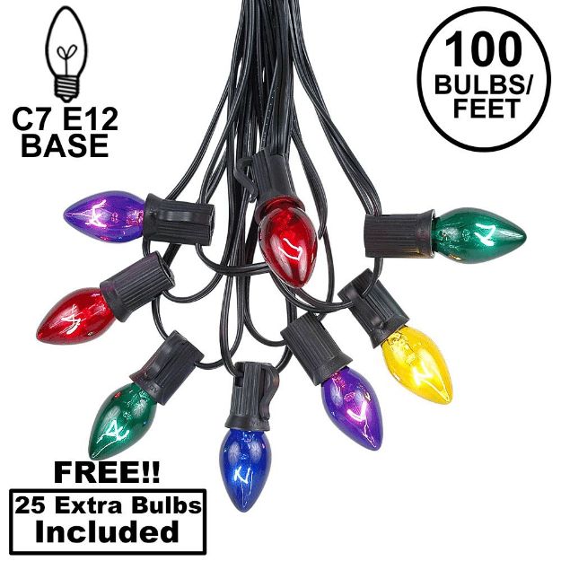 100 C7 String Light Set with Assorted Bulbs on Black Wire
