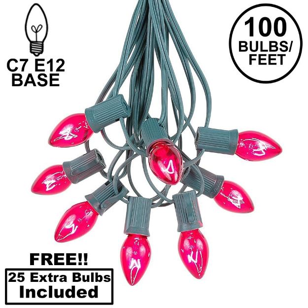 100 C7 String Light Set with Pink Bulbs on Green Wire