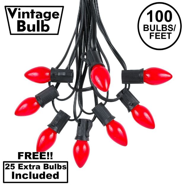 100 C7 String Light Set with Red Ceramic Bulbs on Black Wire