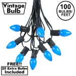 100 C7 String Light Set with Blue Ceramic Bulbs on Black Wire