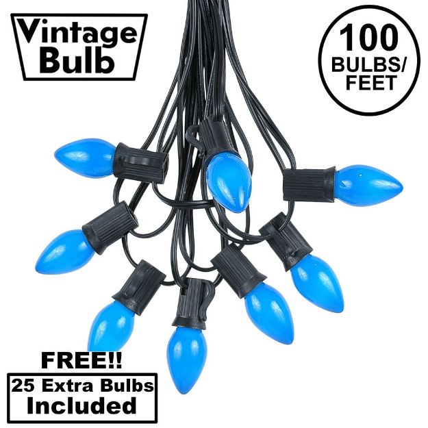 100 C7 String Light Set with Blue Ceramic Bulbs on Black Wire