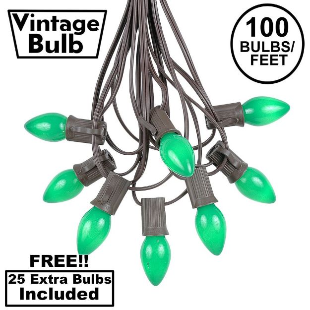 100 C7 String Light Set with Green Ceramic Bulbs on Brown Wire