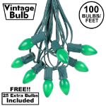 100 C7 String Light Set with Green Ceramic Bulbs on Green Wire