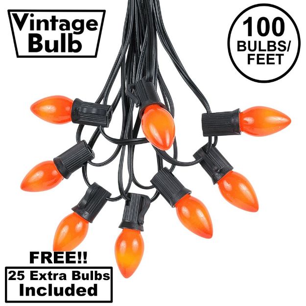 100 C7 String Light Set with Orange Ceramic Bulbs on Black Wire