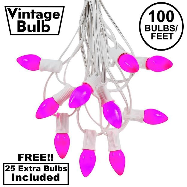 100 C7 String Light Set with Purple Ceramic Bulbs on White Wire