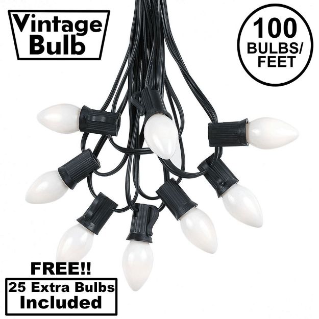100 C7 String Light Set with White Ceramic Bulbs on Black Wire