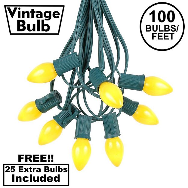 100 C7 String Light Set with Yellow Ceramic Bulbs on Green Wire