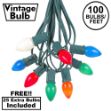 100 C7 String Light Set with Multi Colored Ceramic Bulbs on Green Wire