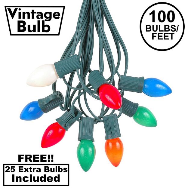 100 C7 String Light Set with Multi Colored Ceramic Bulbs on Green Wire