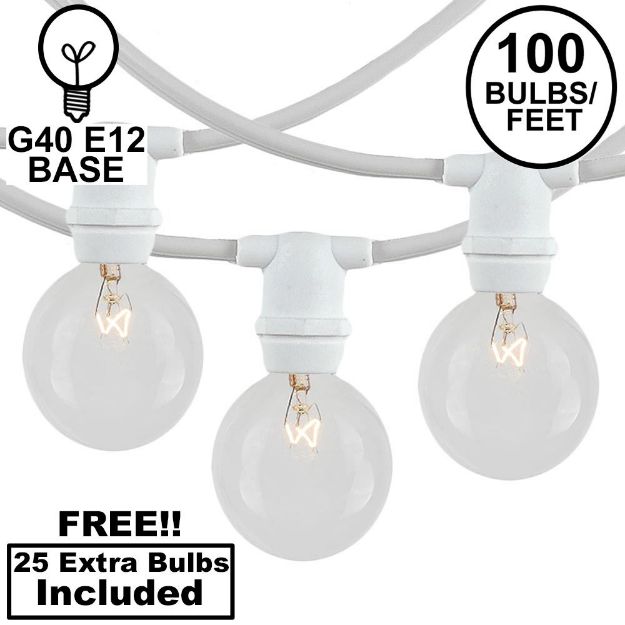 100 Clear G40 Commercial Grade Candelabra Base Light Set - White Wire