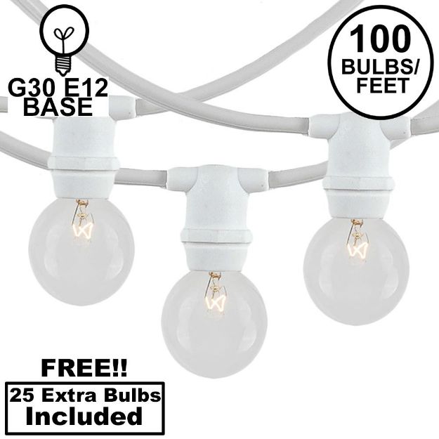 100 Clear G30 Commercial Grade Candelabra Base Light Set - White Wire