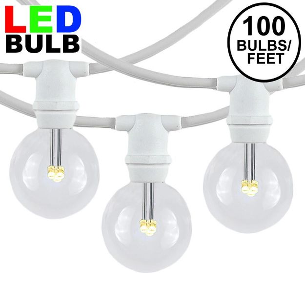 100 Warm White LED G40 Commercial Grade Candelabra Base Light Set - White Wire