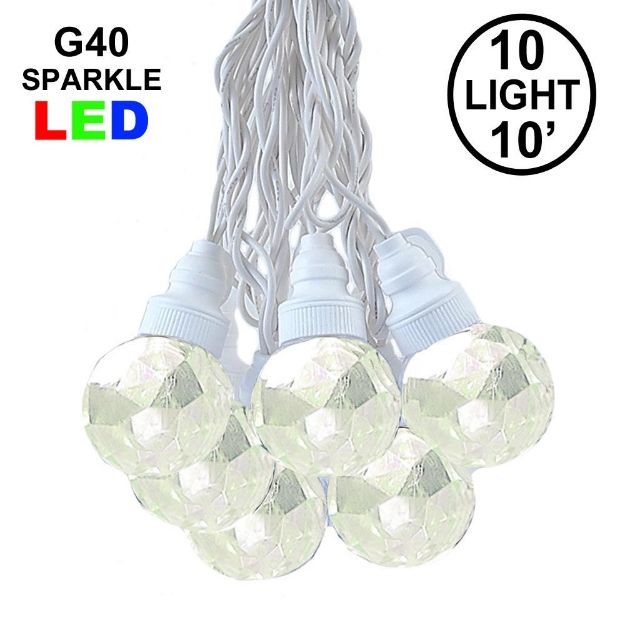 10 Warm White Sparkle Orb LED G40 Pre-Lamped String Lights White Wire