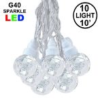 10 Pure White Sparkle Orb LED G40 Pre-Lamped String Lights White Wire