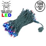 Commercial Grade Wide Angle 100 LED Red White Blue 50' Long on Green Wire