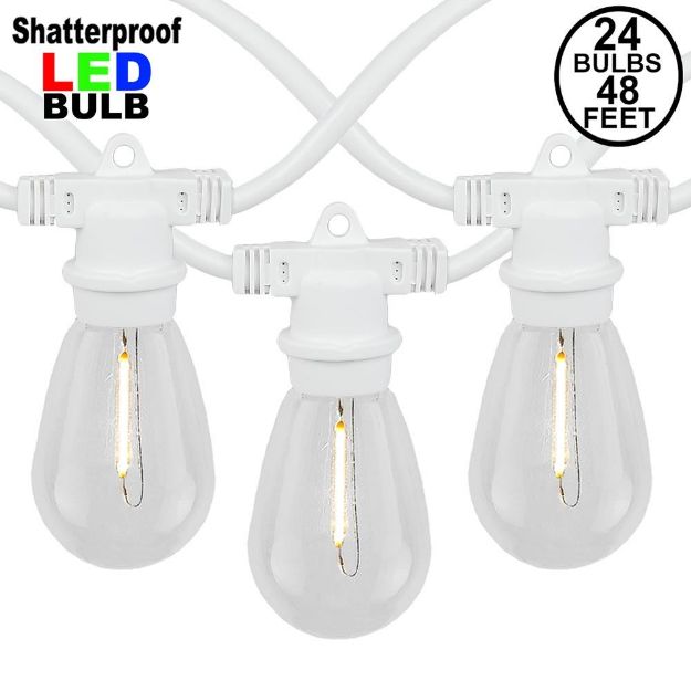 24 Warm White Plastic LED S14 Commercial Grade Light String Set on 48' of White Wire Shatterproof