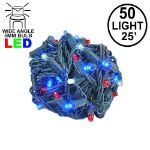 Commercial Grade Wide Angle 50 LED Red/White/Blue 25' Long on Green Wire