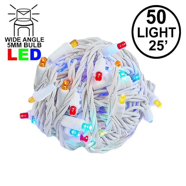 Commercial Grade Wide Angle 50 LED Multi 25' Long on White Wire