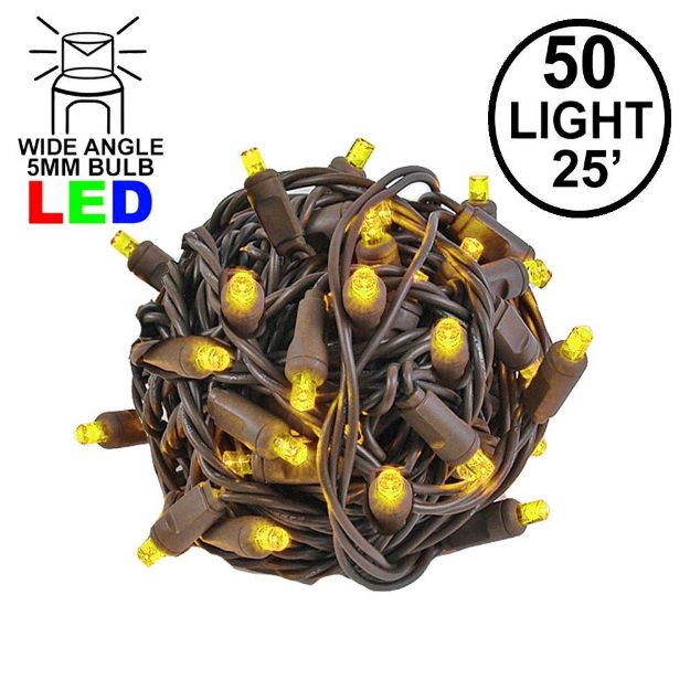 Commercial Grade Wide Angle 50 LED Yellow 25' Long on Brown Wire