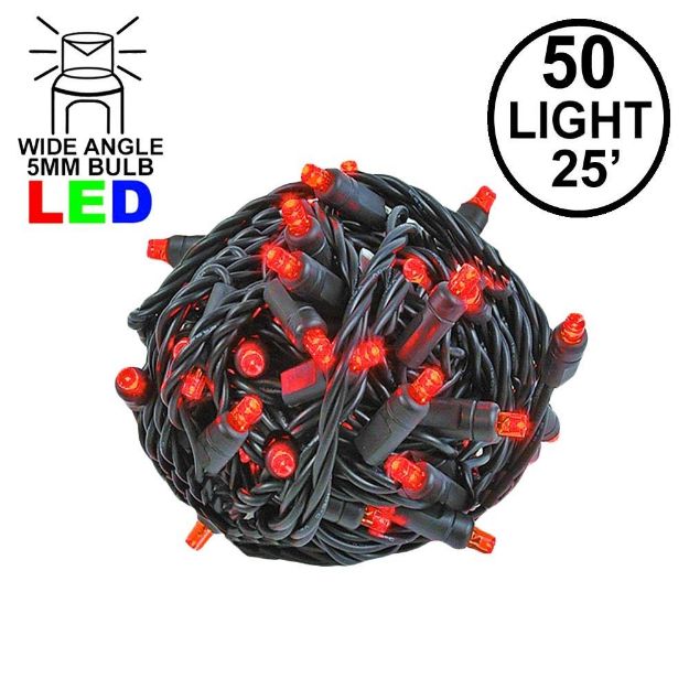 Commercial Grade Wide Angle 50 LED Red 25' Long on Black Wire