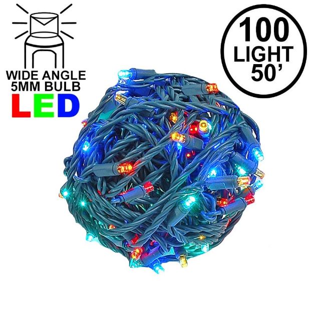 Commercial Grade Wide Angle 100 LED Multi 50' Long on Green Wire