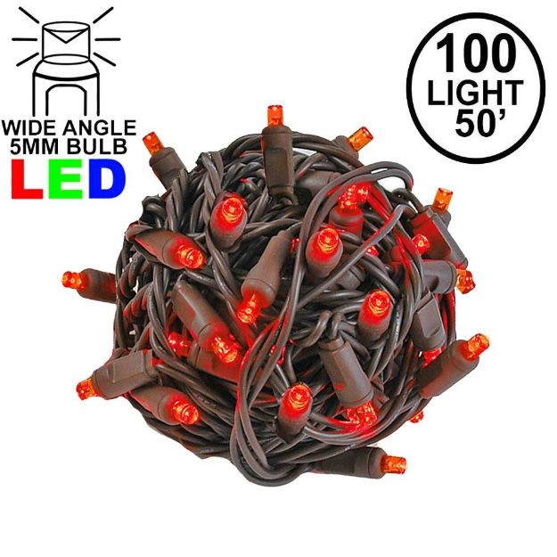 Commercial Grade Wide Angle 100 LED Red 50' Long on Brown Wire