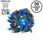 Twinkle LED Christmas Lights 50 LED Multi 25' Long Green Wire