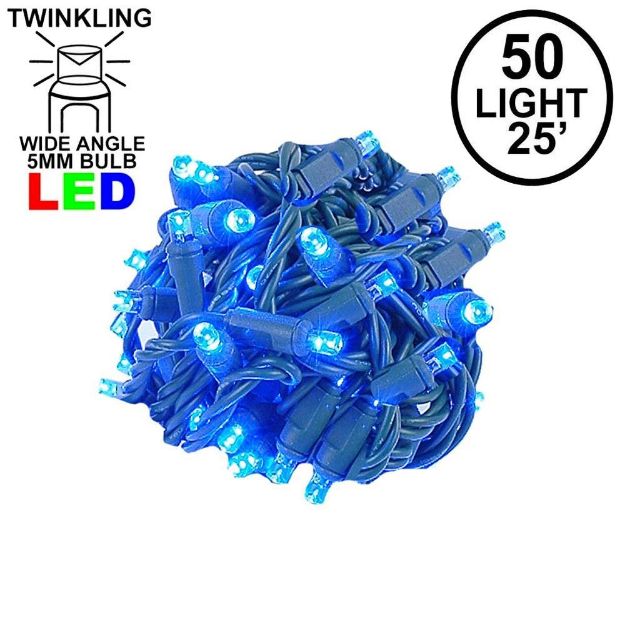 Twinkle LED Christmas Lights 50 LED Blue 25' Long Green Wire