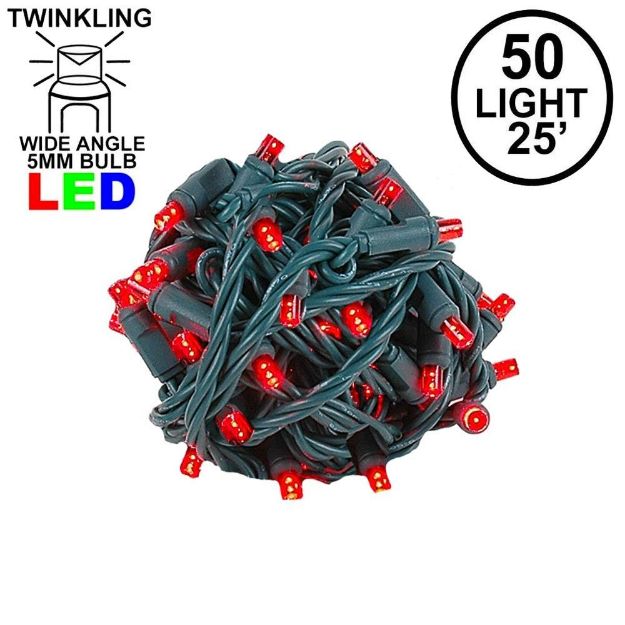Twinkle LED Christmas Lights 50 LED Red 25' Long Green Wire