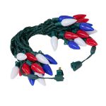 25 Red, White & Blue Ceramic LED C9 Pre-Lamped String Lights Green Wire