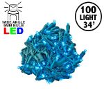 Commercial Grade Wide Angle 100 LED Teal 34' Long on Green Wire