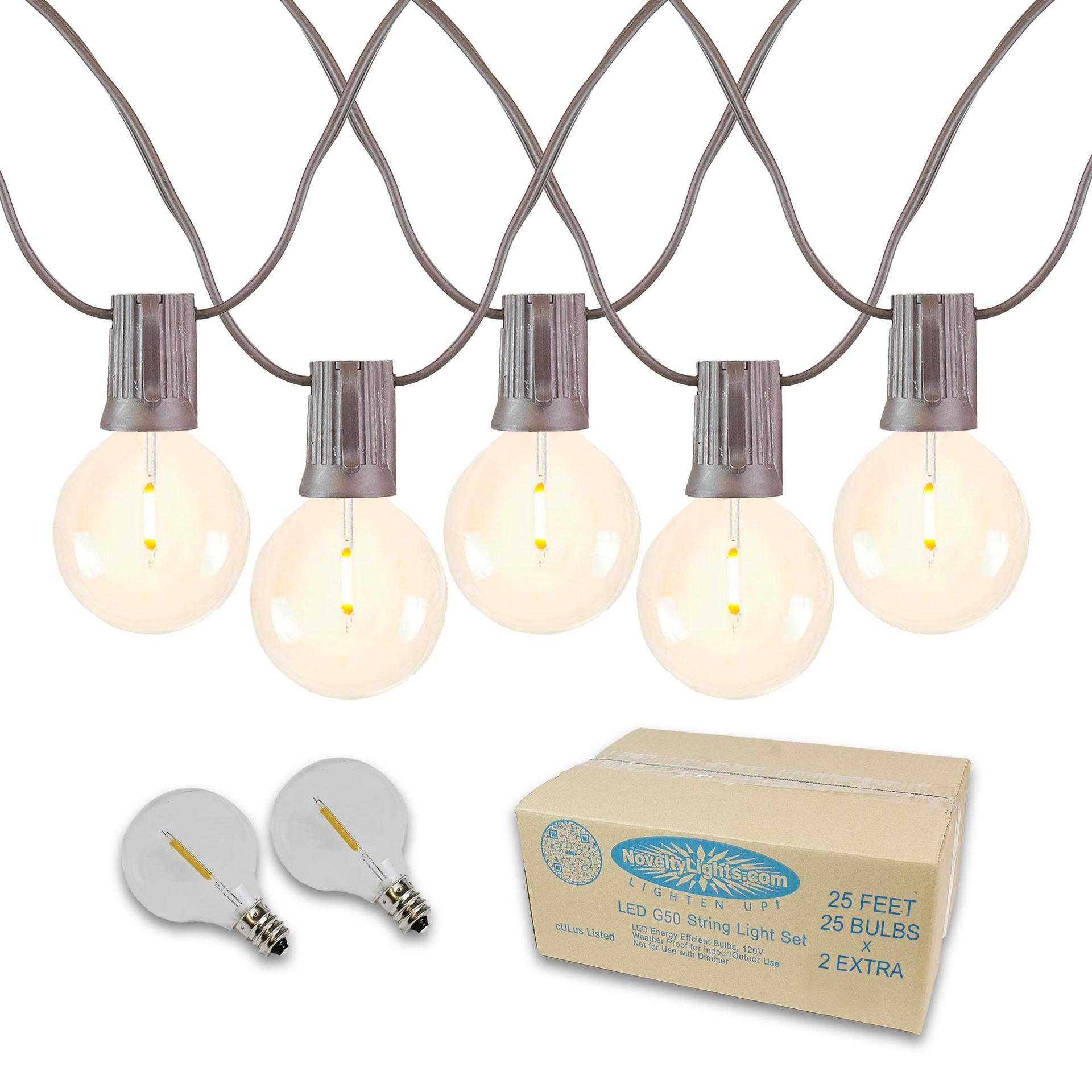 Novelty Lights 25-Pack G50 Clear Globe Replacement Bulbs – Outdoor String Light Bulbs, E17/C9 Base, 7W, 130V, Dimmable, 3000-Hour Life