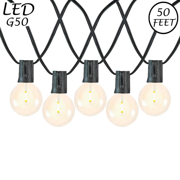 50 LED Filament G50 Globe String Light Set with Warm White Bulbs on Black Wire
