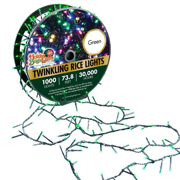 LED Connectable Twinkling Rice Light Set - 1000 Green Lights on Green Wire