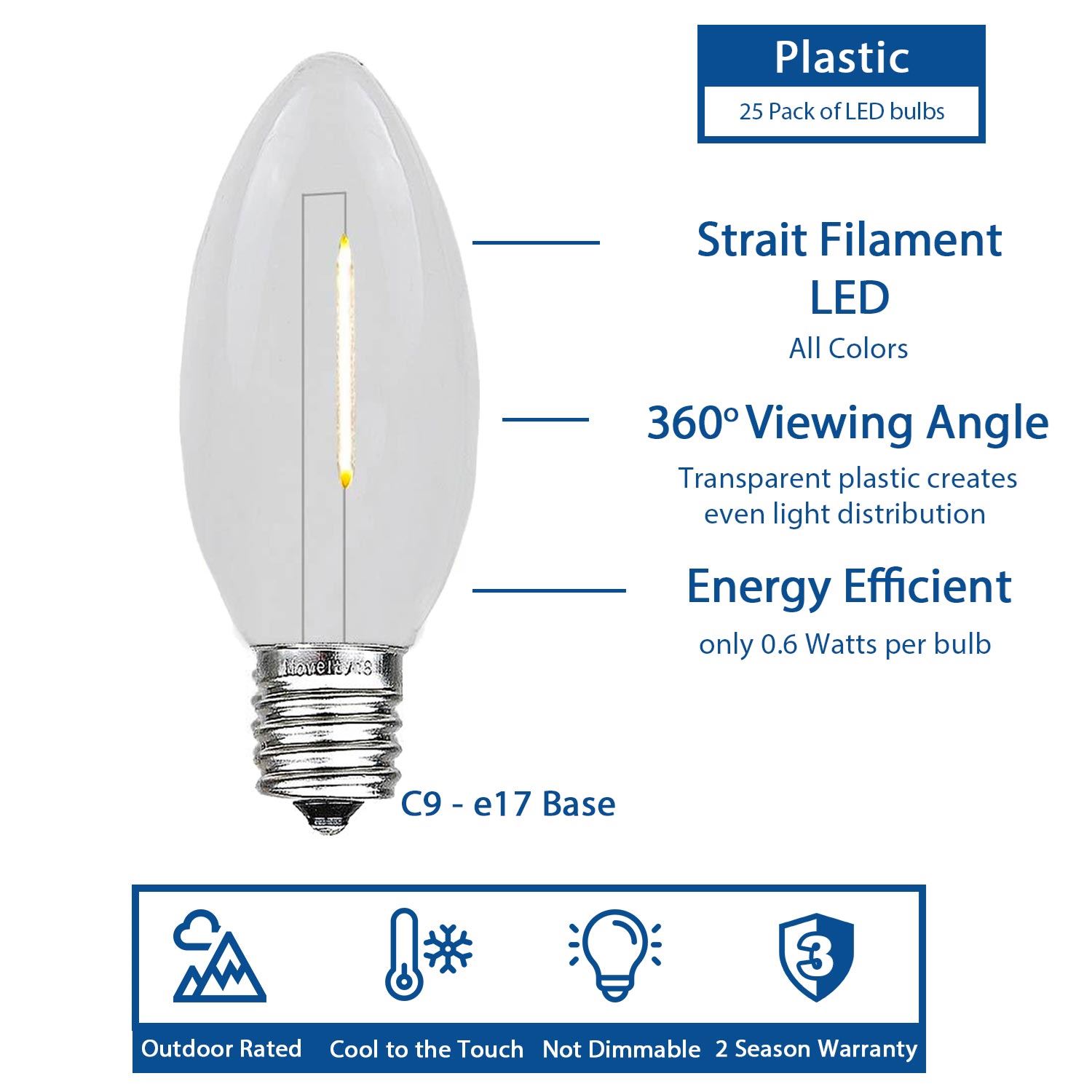 25 Pack C9 LED Outdoor Christmas Replacement Bulbs, Warm White, C9/E17 Base - Picture 11 of 48