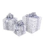 8 in., 10 in. & 12 in. Glittered White Gift Boxes with 70 Cool White Twinkle LED Lights (Set of 3)