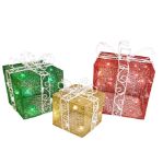 9 in., 12 in. & 15 in. Red/Green/Gold Gift Boxes with 100 Steady & Twinkle LED Lights (Set of 3)